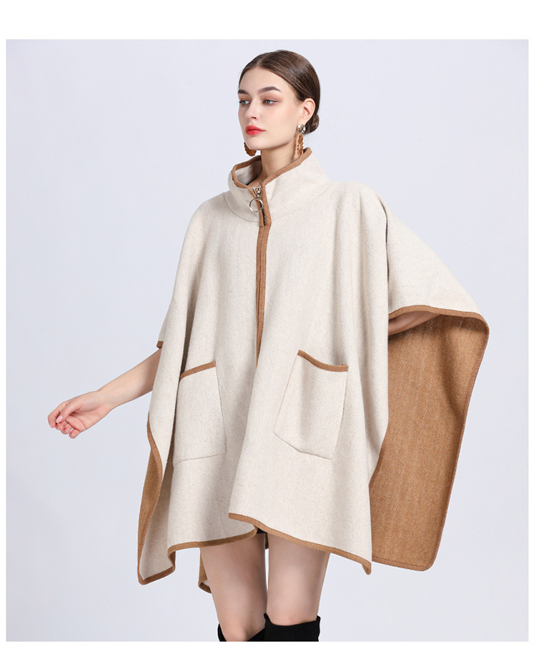 Stehkragen Tasche Reißverschluss Cape Cape große Größe Strickjacke Pullover Mantel Frau_voghion.com