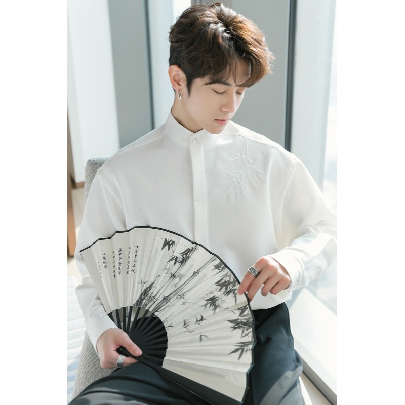 Shirt, retro long-sleeve, black trousers, Chinese style 2