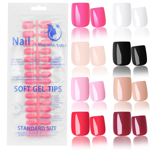 New cross-border solid color 160-piece short square seamless fake nails, colorful glossy nail tips, detachable extension patches