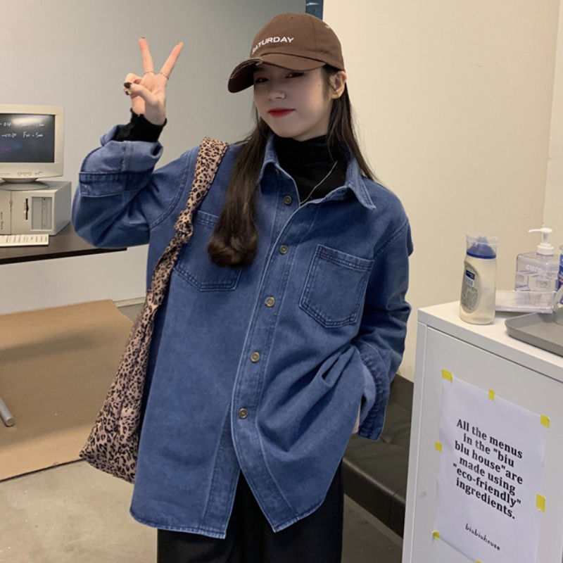 Long Blue Denim Shirt Jacket for Women, Spring, Autumn and Winter Hong Kong Style Design Niche Tops, Loose Layered Shirts