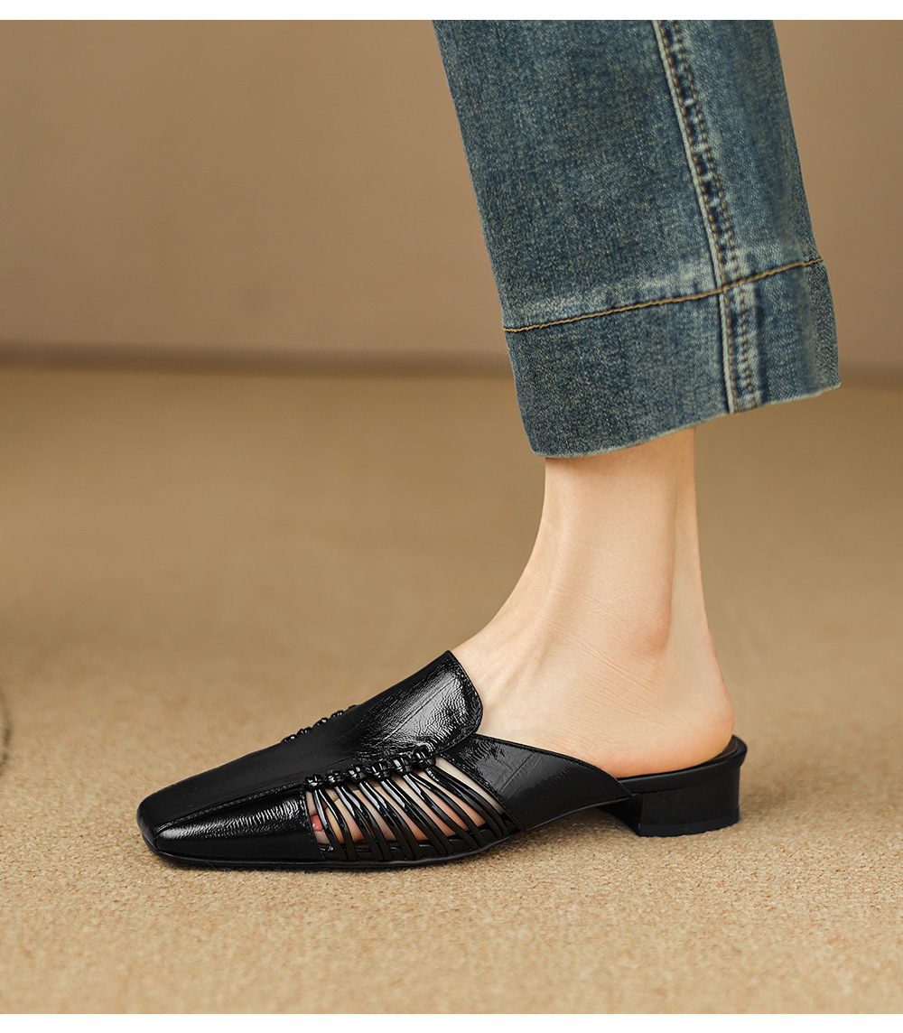 Dép sandal nữ quai chữ V bệt mũi tròn phong cách vintage — đen chi tiết 10