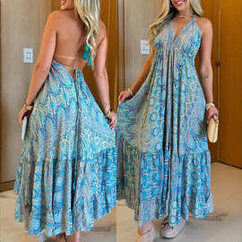 2025跨境欧美女装西米亚风吊带印花v领时尚宽松大摆连衣裙
