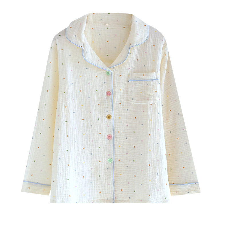 여성용 순면 홈웨어 탑, 봄, 가을 얇은 거즈 긴팔 가디건, 프린트 라펠 잠옷, 루즈하고 캐주얼