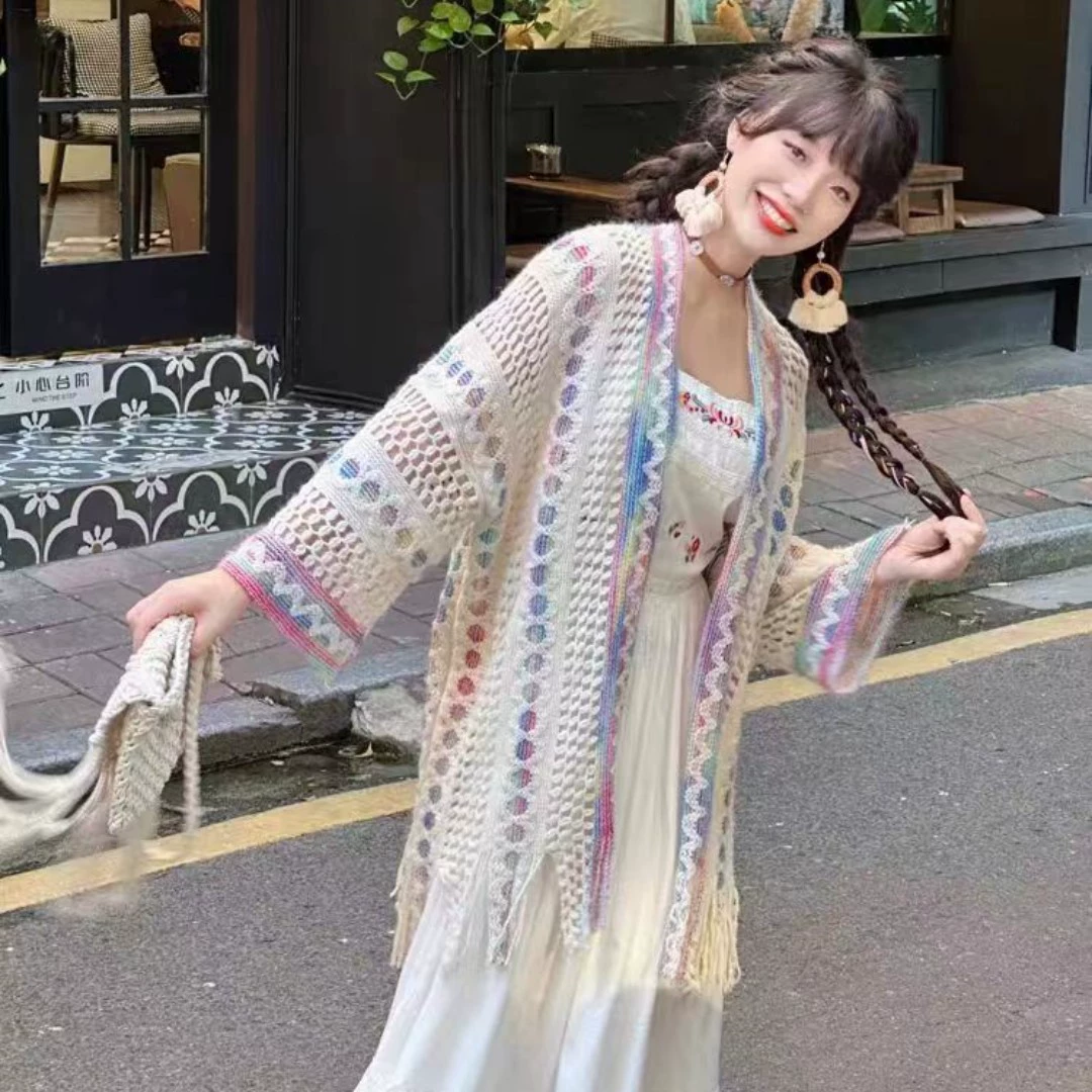 Юньнаньский туристический отпуск в цветном плаще плащ пальто с бахроми свитер кардиган свитер женский платок топ