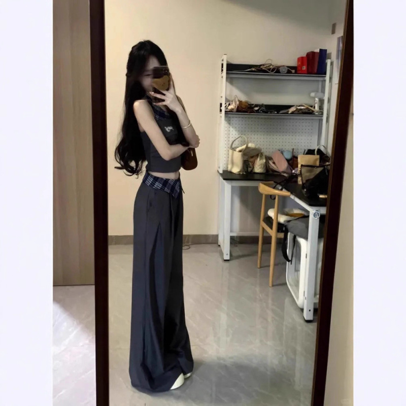 夏日绝美套装穿搭女夏季2025新款辣妹高级感挂脖背心阔腿裤两件套|undefined
