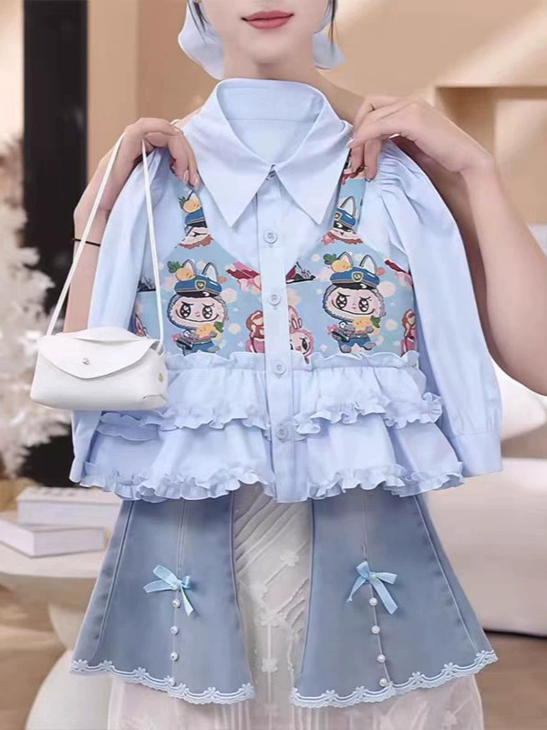 Комплект, детская рубашка, раскльшённые брюки, новая коллекция, европейский стиль, imitation shirt, осень