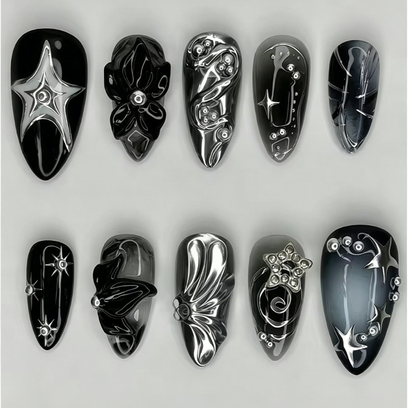 30 Pieces of Almond-Shaped Silver-Plated Wearable Nails with 3D Gradient Flowers and Stars, Nalis Nail Pieces, Cross-Border Fake Nails in Stock 30 Pieces of Almond-Shaped Silver-Plated Wearable Nails with 3D Gradient Flowers and Stars, Nalis Nail Pieces, Cross-Border Fake Nails in Stock