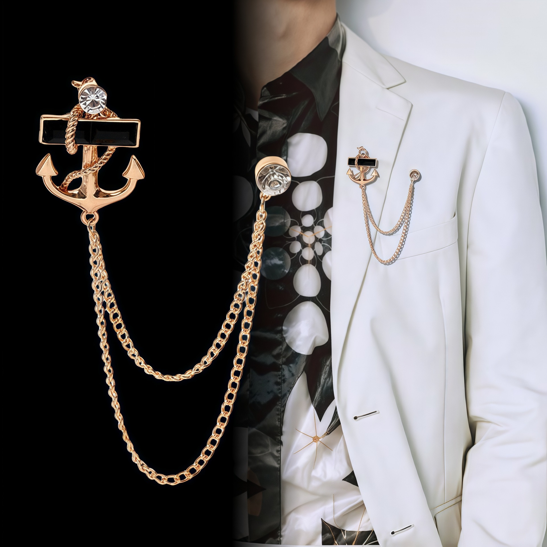 Japanese and Korean Fashion Distinctive Black Gem Ship Anchor Chain Tassel Brooch Corsage Pin Badge Men's Suit Badge