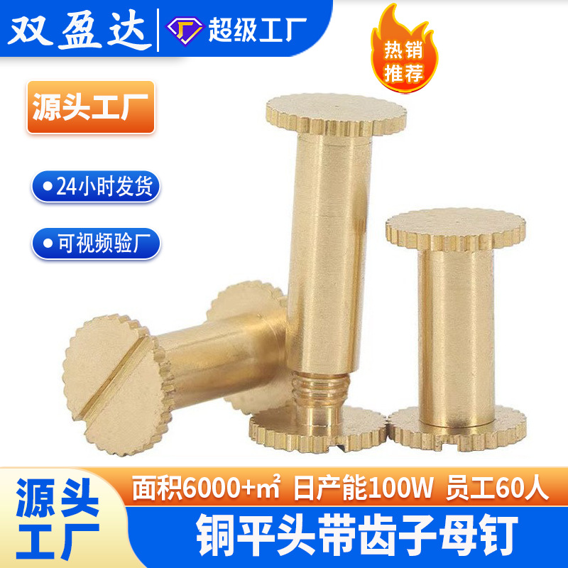 M3M4铜平头带齿子母铆钉铜铆钉/配一字槽铜螺丝 铜账本钉子母螺丝