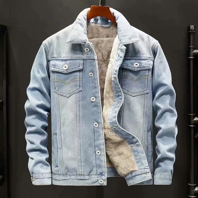 Veste en jean épaisse en velours d'hiver pour hommes, style coréen, tendance, polyvalente, ample, grande taille, veste de travail chaude, tendance_voghion.com