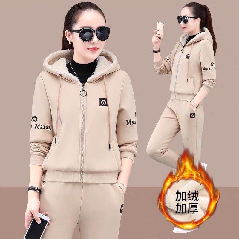 Fleece-Lined Thickened Sweatshirt Set for Women 2025 Autumn and Winter Fleece-Lined Thickened Warm Fashion Plus-Size Casual Sports Two-Piece Set