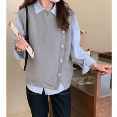 圆领针织马甲背心女春秋新款宽松外穿马夹叠穿开叉坎肩毛衣上衣女