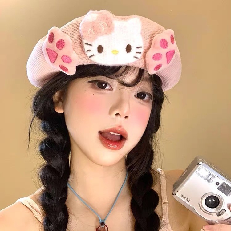 粉色Kitty猫咪贝雷帽女夏季薄款透气可爱帽子显脸小画家帽子批发|undefined