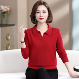 2025年新款中老年女裝針織衫純色翻領(lǐng)T恤年輕媽媽裝毛衣秋冬打底，女裝針織衫/毛衣，妃慕昵服飾