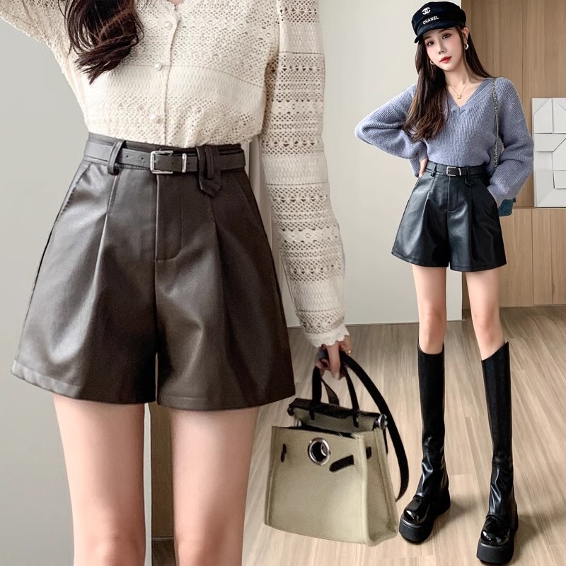 Casual Black Pu Leather Shorts for Women 2025 Autumn and Winter New Style Shorts with a Stylish Design, High Waist, Slimming, Wide-Leg Leggings Boot Shorts