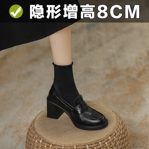 ~ 7CM embossed retro high-heeled loafers women's thick heel British style small leather shoes small size 3233 small size women's shoes