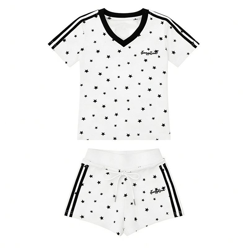 Cute Little Star Print V-Neck Slim-Fit Regular Shoulder T-Shirt for Women, Summer Shorts, Sports College Student Outfit Cute Little Star Print V-Neck Slim-Fit Regular Shoulder T-Shirt for Women, Summer Shorts, Sports College Student Outfit