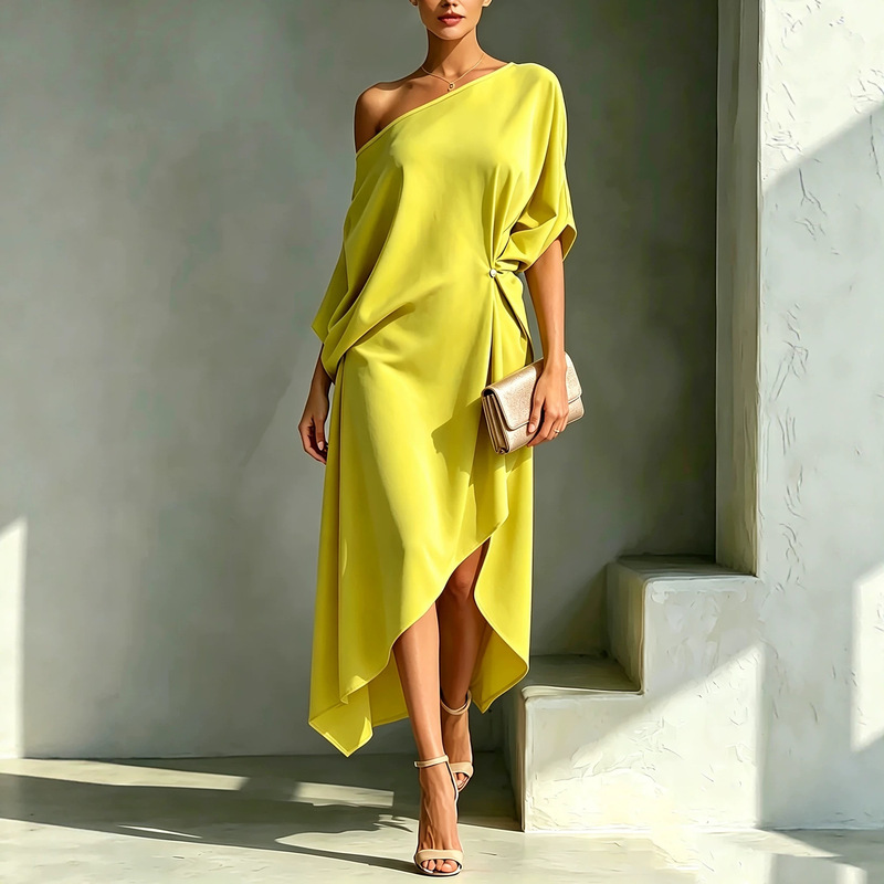 European and American Cross-Border Women's Elegant and Simple One-Shoulder Off-Shoulder Dress with Irregular Buttons, Slit, and Waist-Cinching Mid-Length Slim-Fit Dress