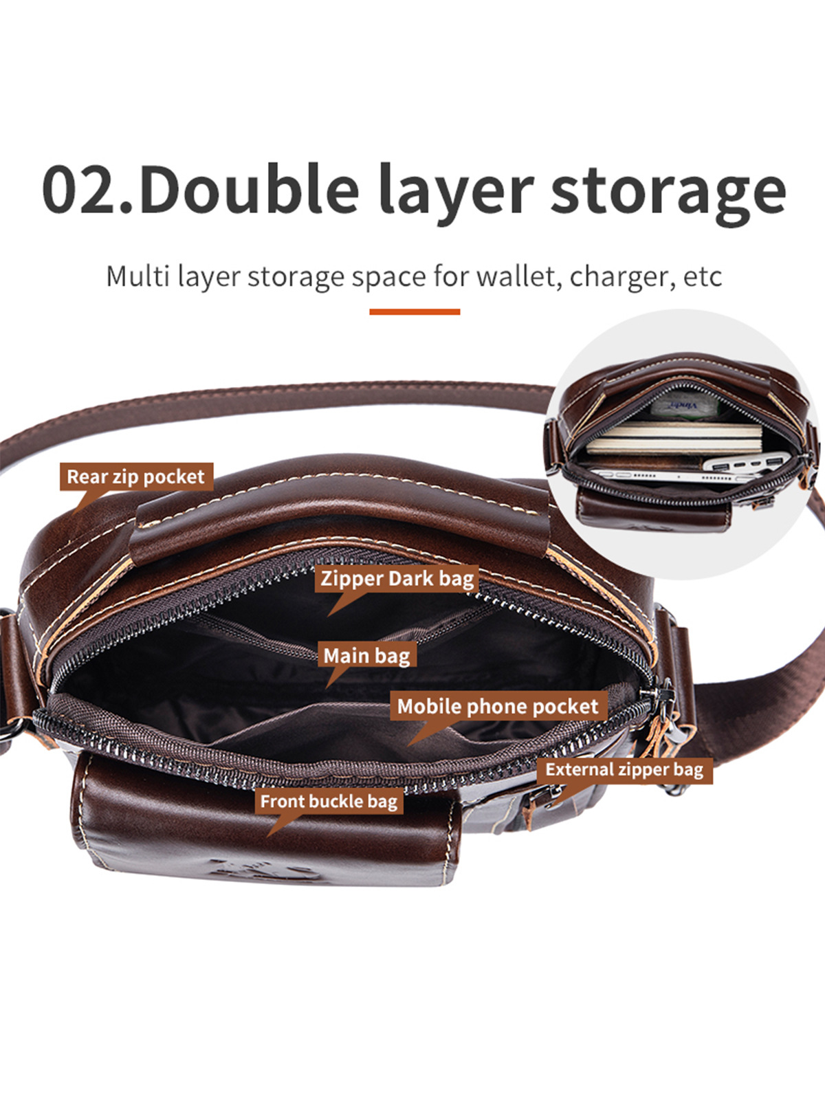 Bolso Bandolera Vintage de Piel de Vaca para Hombre de Cuero de Vaca de Primera Capa Resistente al Desgaste para Uso Diario image 5