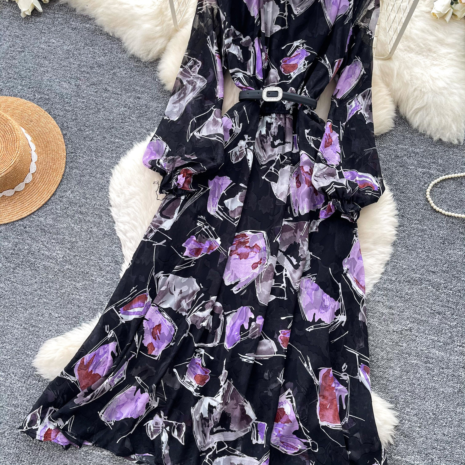 Retro Print Stand Collar Long Sleeve Dress Korean Style Slim Fit Waist Cinching A Line Elegant Long Dress For Women Summer Commuting_ecoleips.com