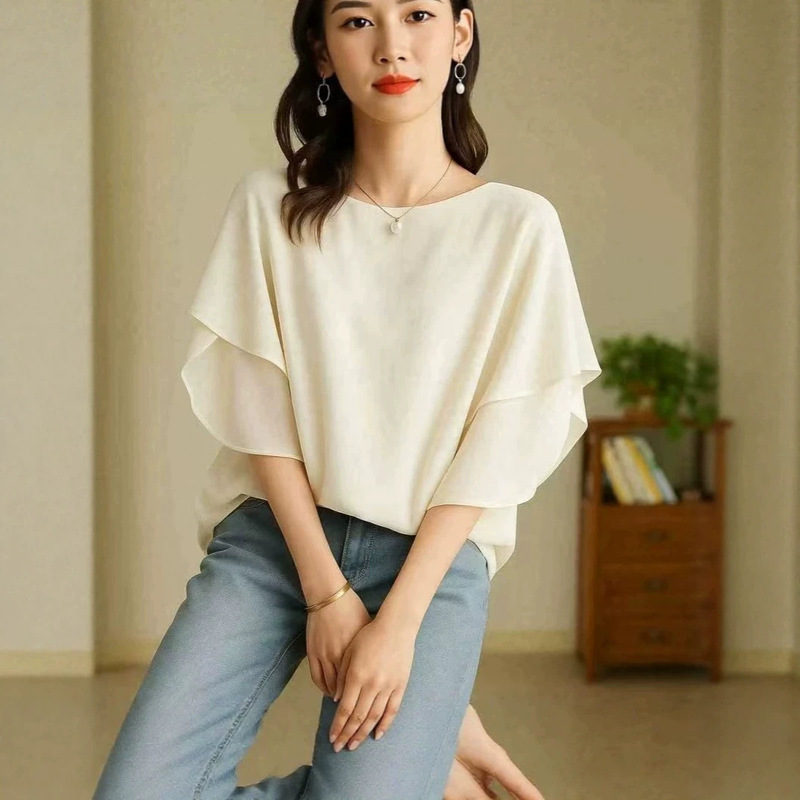 5 Colors in Stock Japan Rakuten 2025 Summer New Short-Sleeve Batwing Shirt Round Neck Loose Casual Versatile Chiffon Shirt 5 Colors in Stock Japan Rakuten 2025 Summer New Short-Sleeve Batwing Shirt Round Neck Loose Casual Versatile Chiffon Shirt