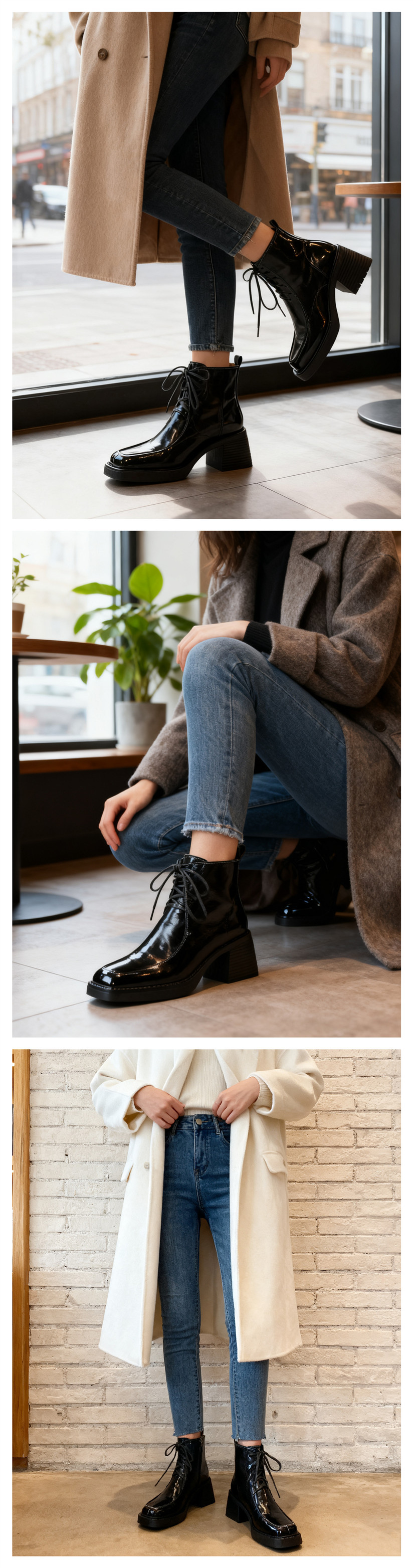 Boot nữ mũi vuông dây buộc da dê cao gót cổ ngắn lót nhung — Lớp lót nhung đen chi tiết 2