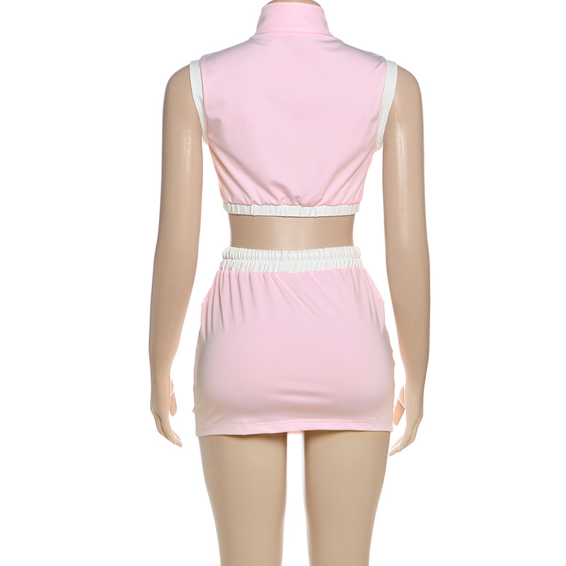 Spring Summer Women Sexy Cropped Zipper Top Slim Fit Hip Wrapped Short Skirt Set Women