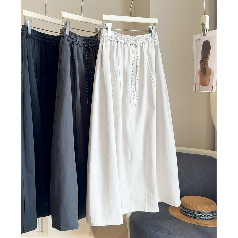 Contrast Color Drawstring Workwear Skirt for Women 2025 New High-Waist Hip-Covering Slimming Look Splicing A-Line Mid-Length Pumpkin Skirt