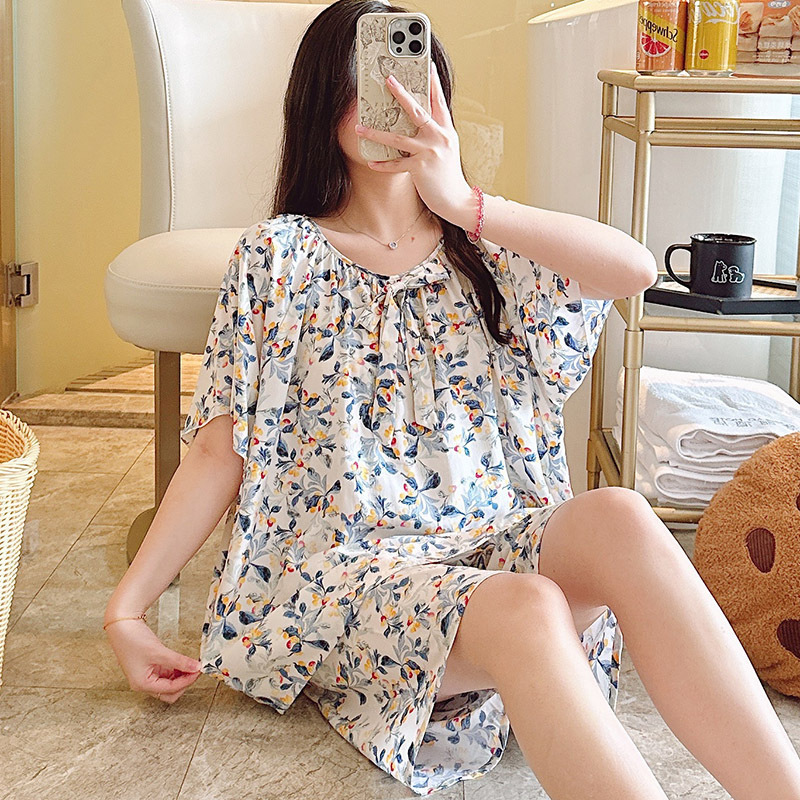 Summer High-End Pajamas for Girls, Cotton Silk Set with Bow, Palace-Style Cotton Silk, Artificial Cotton Loungewear, Plus Size Summer High-End Pajamas for Girls, Cotton Silk Set with Bow, Palace-Style Cotton Silk, Artificial Cotton Loungewear, Plus Size
