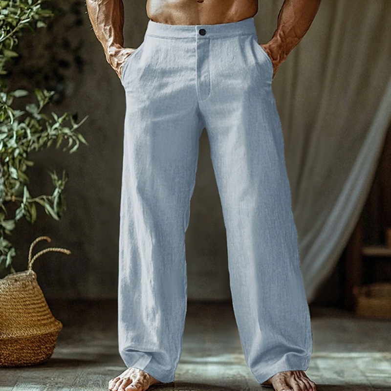 Men's Linen Summer Beach Pants Button down Slant Pockets Straight-Leg Pants Solid Color Plaid Breathable Trousers