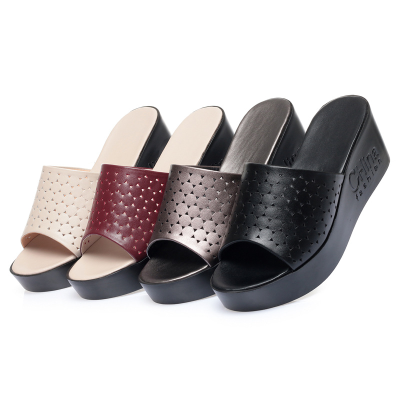 Dép lê đế xuồng nữ đế dày mềm mại, gót cao khoảng 5–7 cm, phong cách mùa hè — Đỏ rượu