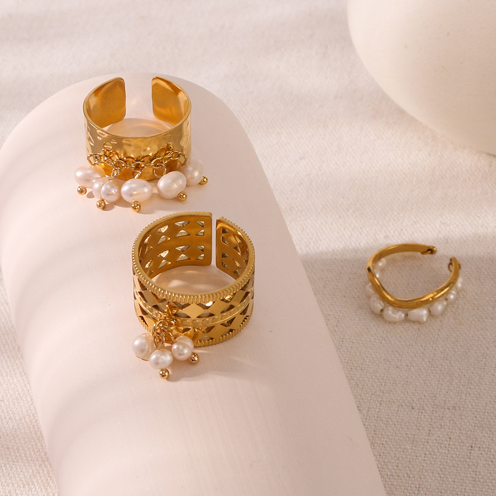 18K Real Gold Plated, Real Gold Plated Plating Material Wholesale Jewelry IG Style Geometric 304 Stainless Steel Freshwater Pearl 18K Gold Plated Plating Charm Rings Open Rings