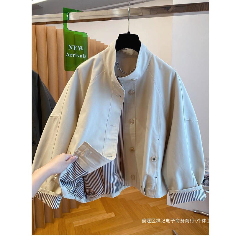 感韩系立领撞色工装外套女秋季新款港风休闲流行夹克上衣米杏色【|undefined