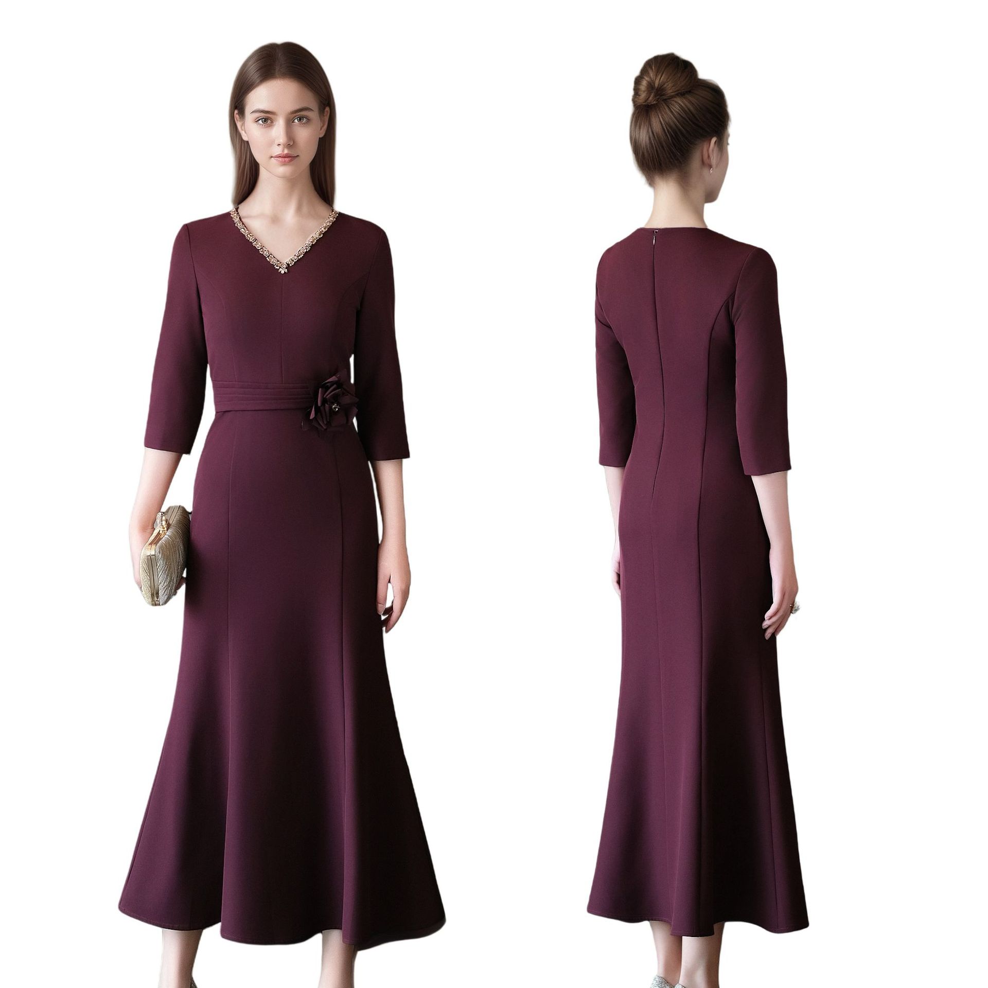 Daiweier Elegant Slim Dress 2025 Autum New Fashion V Neck Wedding Banquet Elegant Mother's Three-Quarter Sleeve Women
