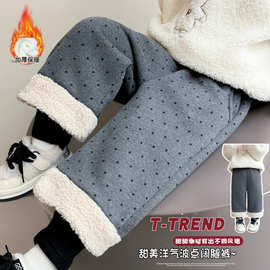 女童冬季加绒假两件裤子儿童一体绒休闲裤女孩加厚毛边波点直筒裤