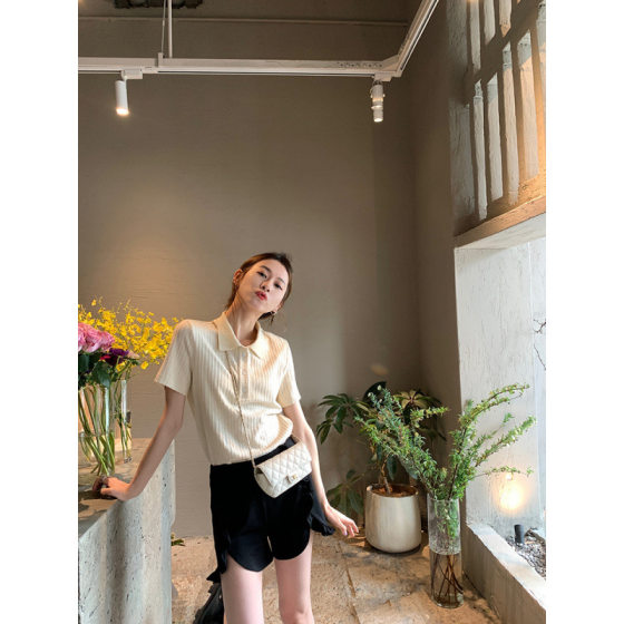 Shoulder French Style Ice Silk Shirt Short-sleeved Shirt Women's Spring and Summer Design Sense Niche Pit Striped Chic Clothes