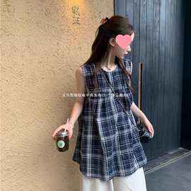 日系复古设计感格子圆领衬衫女夏季新款宽松无袖休闲娃娃衫上衣潮