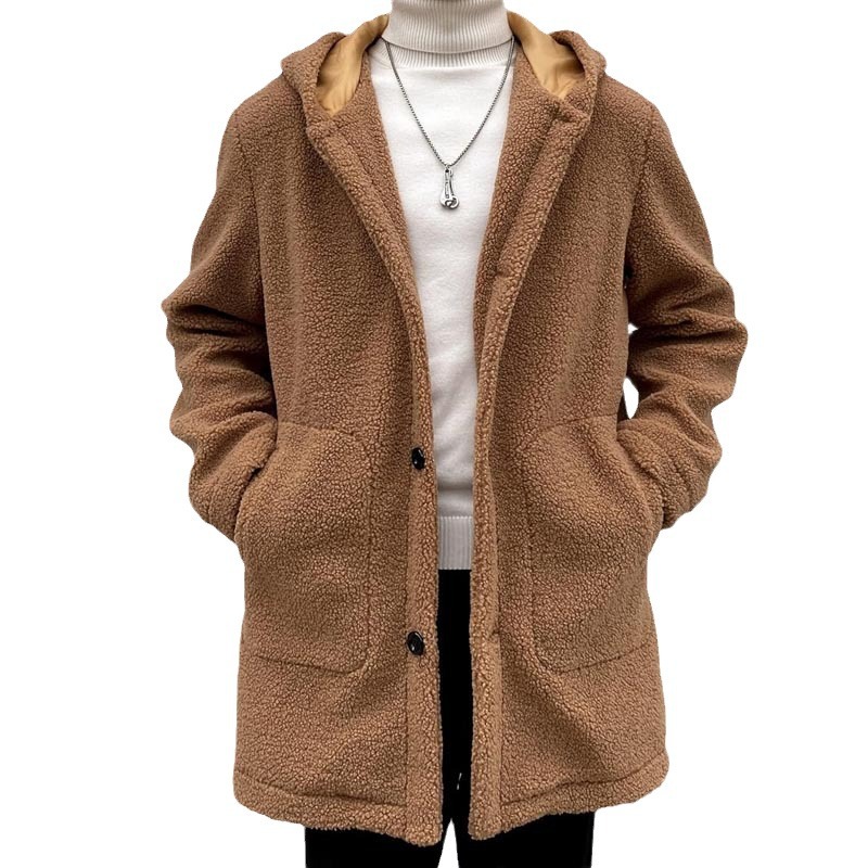 Giacca in pelliccia di agnello con bottoni tinta unita con cappuccio autunno inverno 2024 abbigliamento maschile alla moda e di tendenza_voghion.com