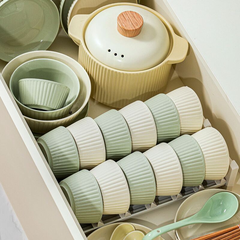 Dishes and Dish suit Household 10 Pcs Ceramic Rice Bowl Creative French Cream Style Vertical Pattern Tableware Distinctive New Style Bowl