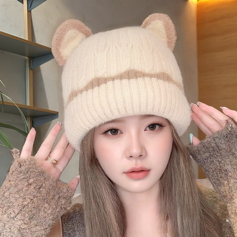 冬季新款熊猫耳朵针织帽女韩版软萌可爱日系时尚护耳保暖毛线帽子|undefined