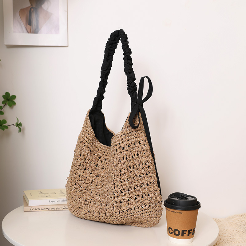 Fashion Large Capacity Shoulder Straw Bag New Hollow-Out Bow Knot Woven Bag For Women Beach Vacation - Thumbnail 3