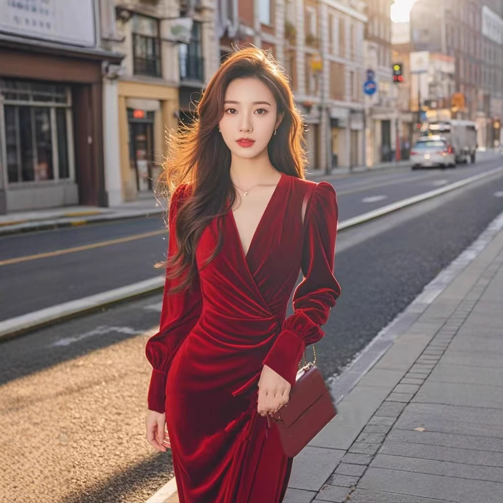 가을과 겨울 풍부한 가족 디린 프렌치 레트로 아름다운 빛 원피스 스커트를 원피스 발목 착용 버건디 벨벳