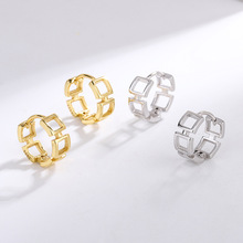 S925纯银镂空设计方形圆圈耳环女夏季免摘耳扣简约百搭冷淡风耳饰