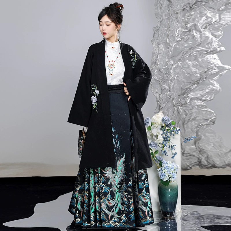 Цинью новый китайский древний стиль Ming Han одежда с половиной водолазкой рубашка Топ имитация макияжа цветок ЛОШАДЬ лицо юбка костюм 2023 Новый