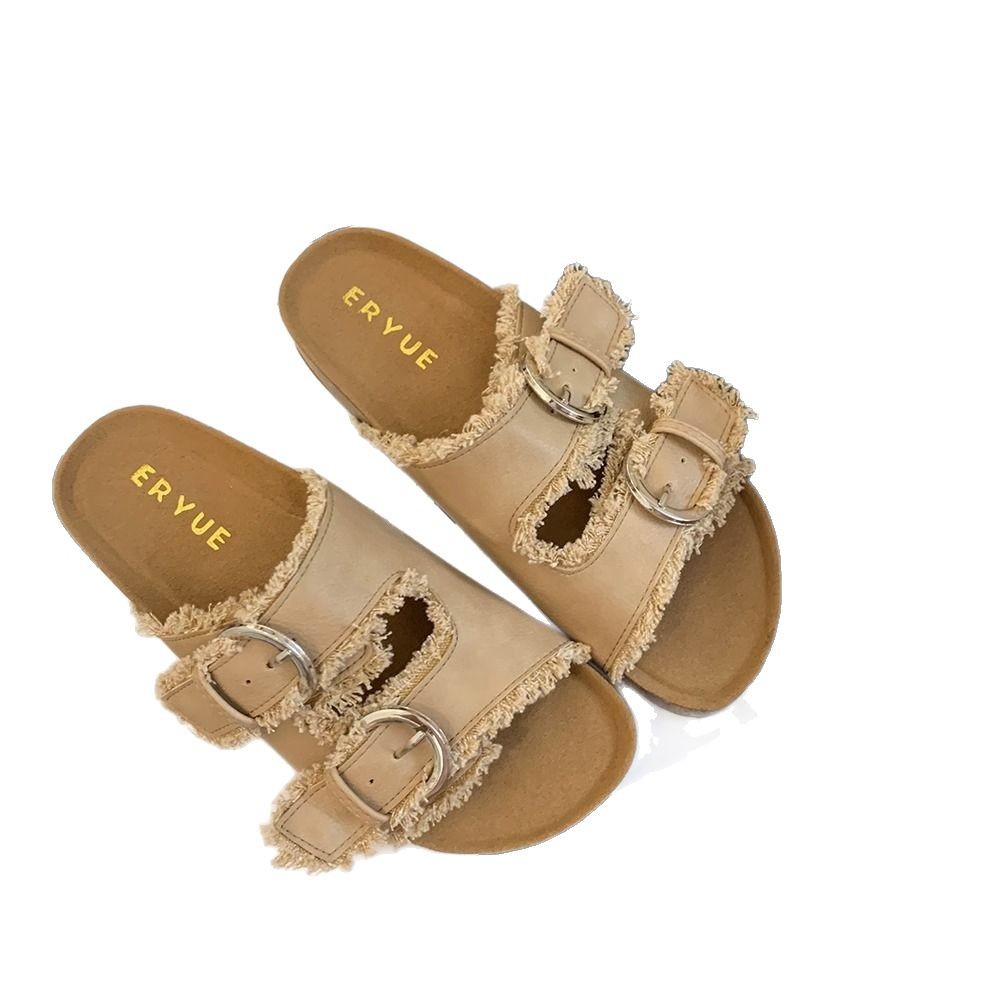 Zapatillas Birkenstock de suela gruesa para mujer en verano 2025 retro hada viento borla fea linda dama plana sandalias Boken marea