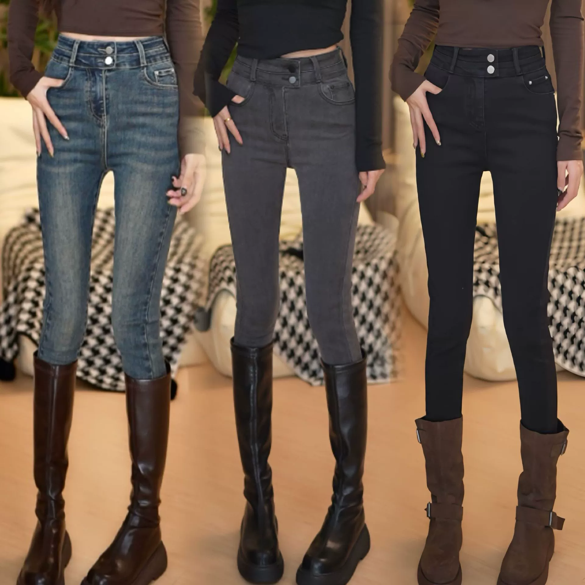 Высокая талия стройная, тонкая нога, джинсы 2024 новая женская эластичная с двумя пряжками, карандашные брюки, укороченные осенью и зимой