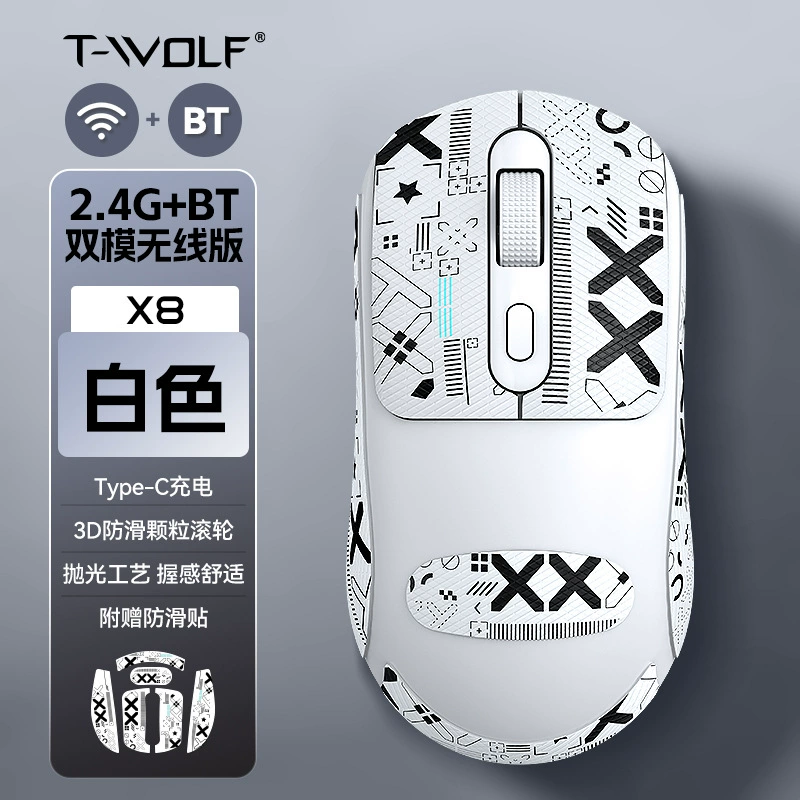 Беспроводная мышь (T-WOLF X8) двухрежимная Bluetooth, противоскользящая стикер‑отделка, Type‑C 500 mAh