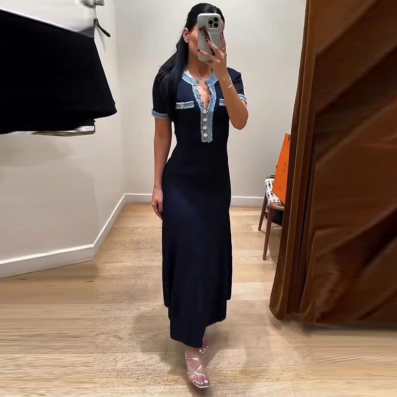 2025亚马逊跨境新款女装欧美风时尚修身牛仔单排扣拼接连衣长裙