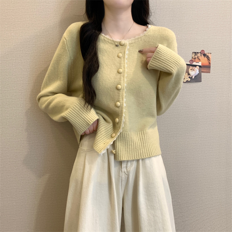 KANING蕾丝花边单排扣针织开衫女2025秋季新款温柔甜美毛衣外搭女|undefined