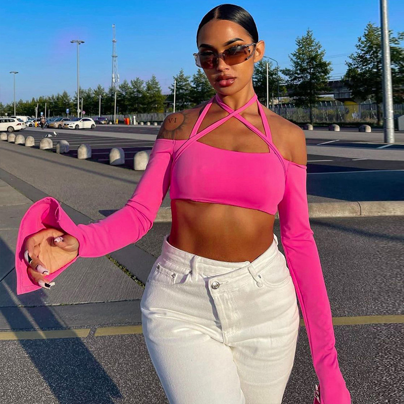 solid color halter neck long sleeve crop top  NSLKL137009